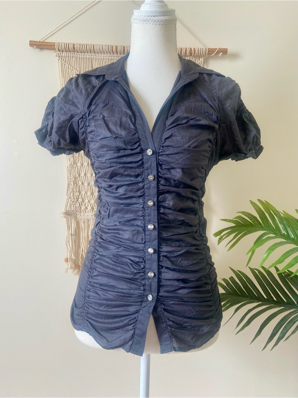 Vintage Y2K Forever 21 Ruched Puff Sleeve Blouse Gray Cotton Medium
